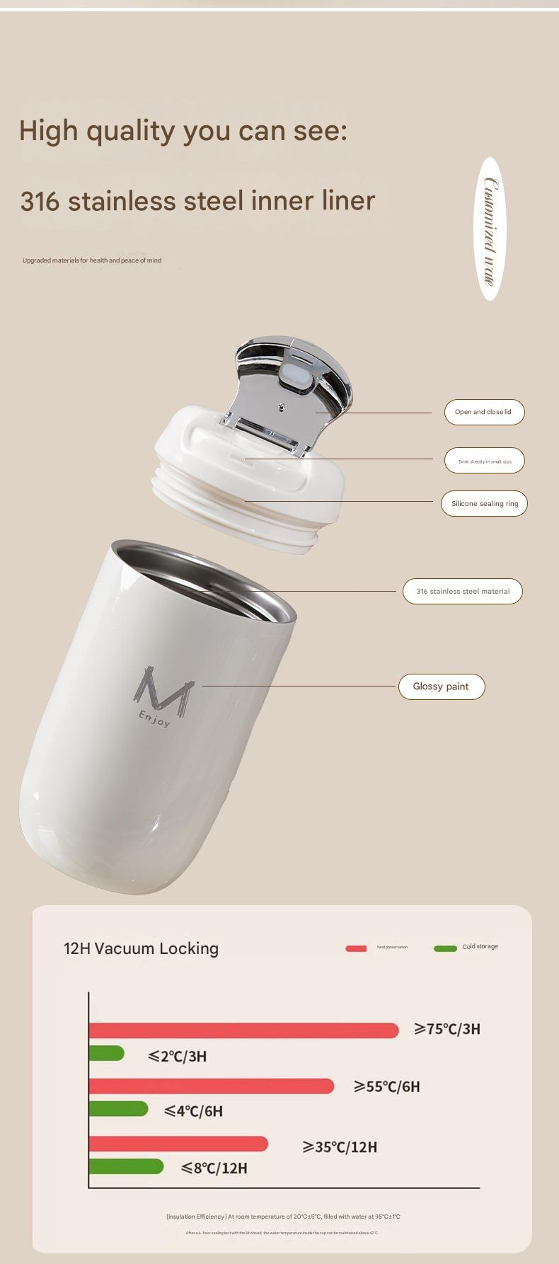 Blue Premium 316 Stainless Steel Coffee Tumbler - 350ml Vacuum Insulated Travel Mug with Sip Lid, Leak-Proof Egg Shape Design, Hot & Cold Beverage Cup for Office Commute Outdoor Gift