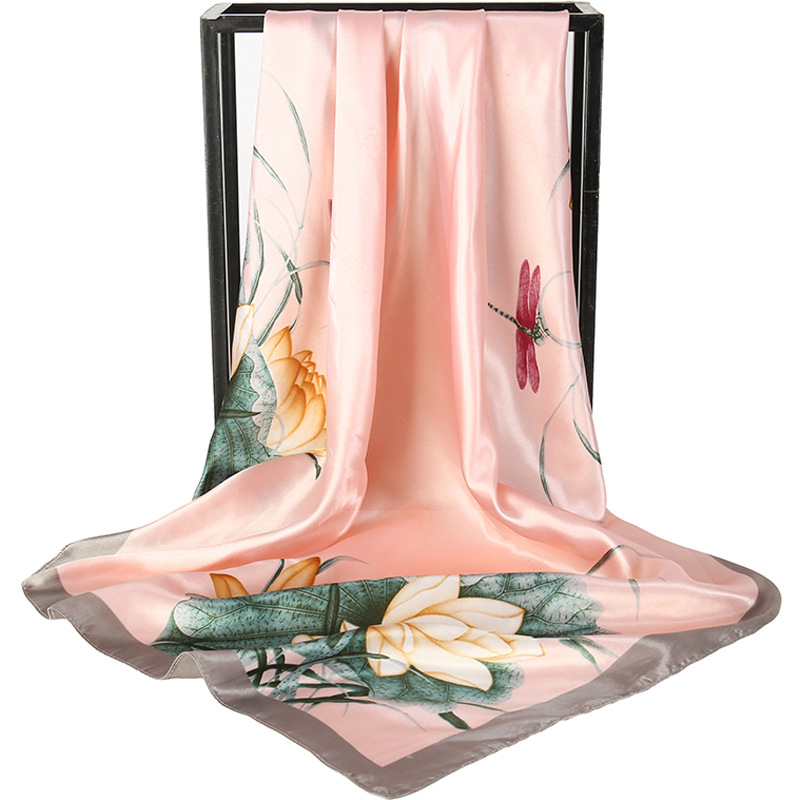 Pink Dragonfly and Lotus Flower Painting Elegant 90x90cm Satin Silk Scarf for Women - Double-Sided Printed Square Headscarf Shawl Wrap - Lightweight Versatile Fashion Accessory for Mother's Day Gift