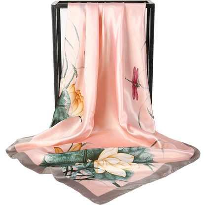 Pink Dragonfly and Lotus Flower Painting Elegant 90x90cm Satin Silk Scarf for Women - Double-Sided Printed Square Headscarf Shawl Wrap - Lightweight Versatile Fashion Accessory for Mother's Day Gift