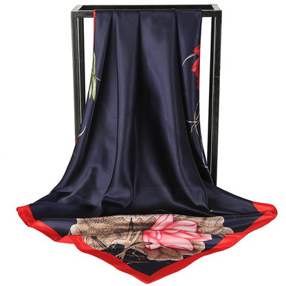 Blue Dragonfly and Lotus Flower Painting Elegant 90x90cm Satin Silk Scarf for Women - Double-Sided Printed Square Headscarf Shawl Wrap - Lightweight Versatile Fashion Accessory for Mother's Day Gift