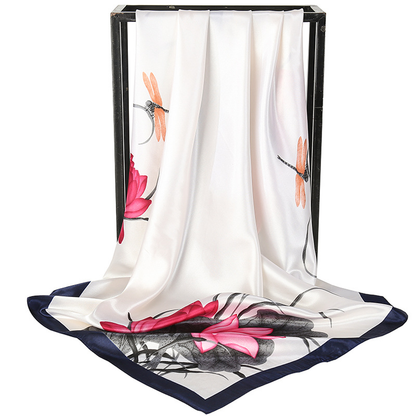 White Dragonfly and Lotus Flower Painting Elegant 90x90cm Satin Silk Scarf for Women - Double-Sided Printed Square Headscarf Shawl Wrap - Lightweight Versatile Fashion Accessory for Mother's Day Gift