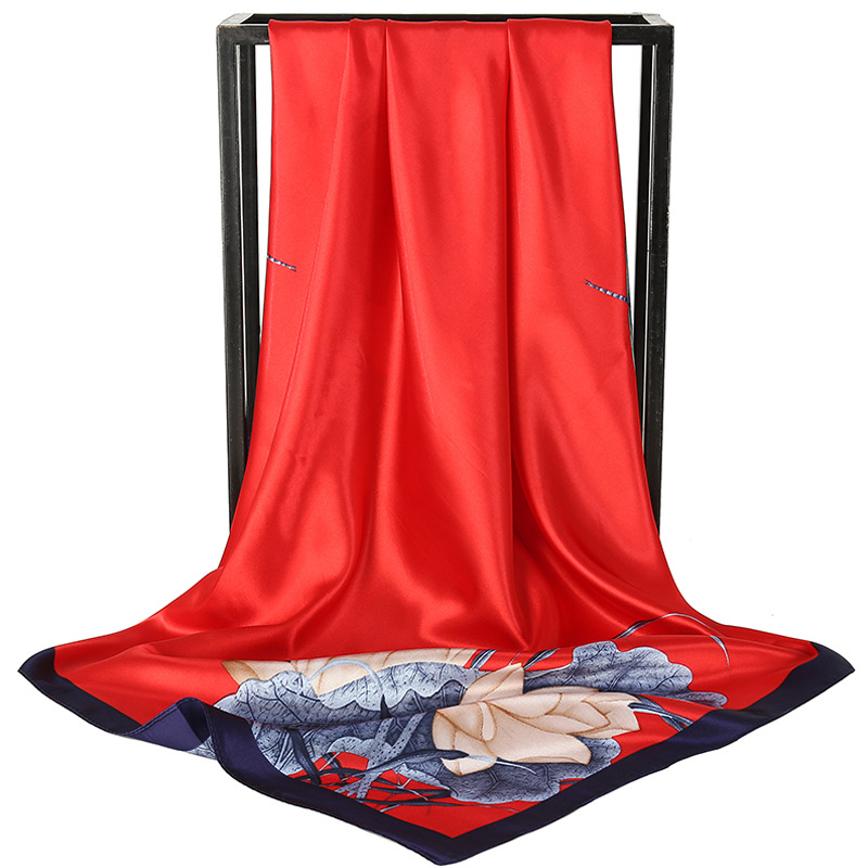 Red Dragonfly and Lotus Flower Painting Elegant 90x90cm Satin Silk Scarf for Women - Double-Sided Printed Square Headscarf Shawl Wrap - Lightweight Versatile Fashion Accessory for Mother's Day Gift