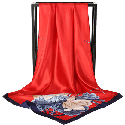 Red Dragonfly and Lotus Flower Painting Elegant 90x90cm Satin Silk Scarf for Women - Double-Sided Printed Square Headscarf Shawl Wrap - Lightweight Versatile Fashion Accessory for Mother's Day Gift
