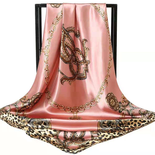 Pink Leopard Print Chain Pattern Elegant 90x90cm Satin Silk Scarf for Women - Double-Sided Printed Square Headscarf Shawl Wrap - Lightweight Versatile Fashion Accessory for Mother's Day Gift