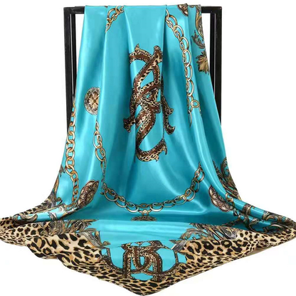 Blue Leopard Print Chain Pattern Elegant 90x90cm Satin Silk Scarf for Women - Double-Sided Printed Square Headscarf Shawl Wrap - Lightweight Versatile Fashion Accessory for Mother's Day Gift