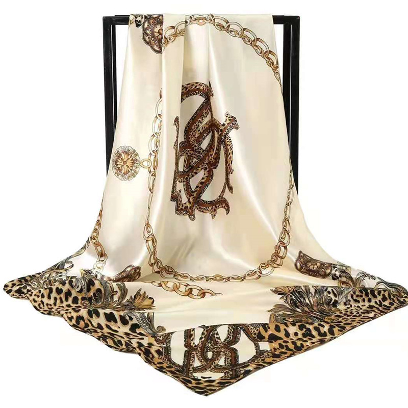 Beige Leopard Print Chain Pattern Elegant 90x90cm Satin Silk Scarf for Women - Double-Sided Printed Square Headscarf Shawl Wrap - Lightweight Versatile Fashion Accessory for Mother's Day Gift