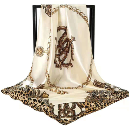 Beige Leopard Print Chain Pattern Elegant 90x90cm Satin Silk Scarf for Women - Double-Sided Printed Square Headscarf Shawl Wrap - Lightweight Versatile Fashion Accessory for Mother's Day Gift