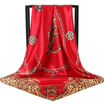 Red Leopard Print Chain Pattern Elegant 90x90cm Satin Silk Scarf for Women - Double-Sided Printed Square Headscarf Shawl Wrap - Lightweight Versatile Fashion Accessory for Mother's Day Gift