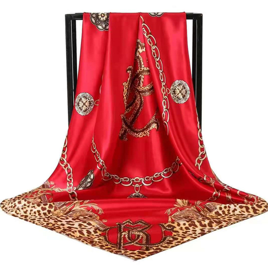 Red Leopard Print Chain Pattern Elegant 90x90cm Satin Silk Scarf for Women - Double-Sided Printed Square Headscarf Shawl Wrap - Lightweight Versatile Fashion Accessory for Mother's Day Gift