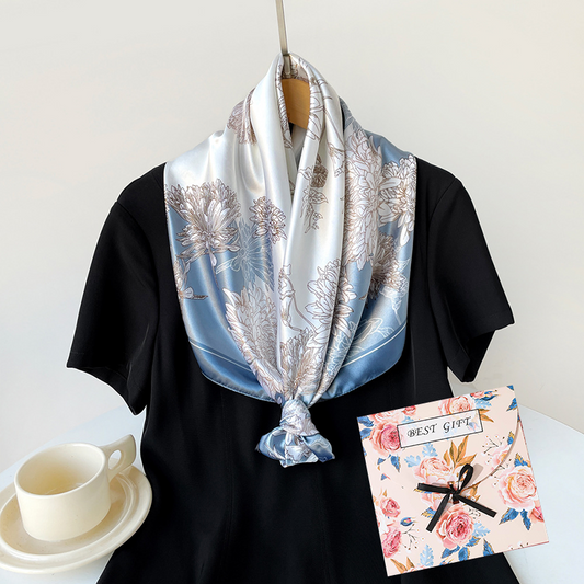 Blue Gift Box Set Elegant 90x90cm Women's Square Scarf - Vintage Floral Print Satin Headscarf - Lightweight Polyester Silk Feel Shawl Wrap for Hair Neck Bag Accessory