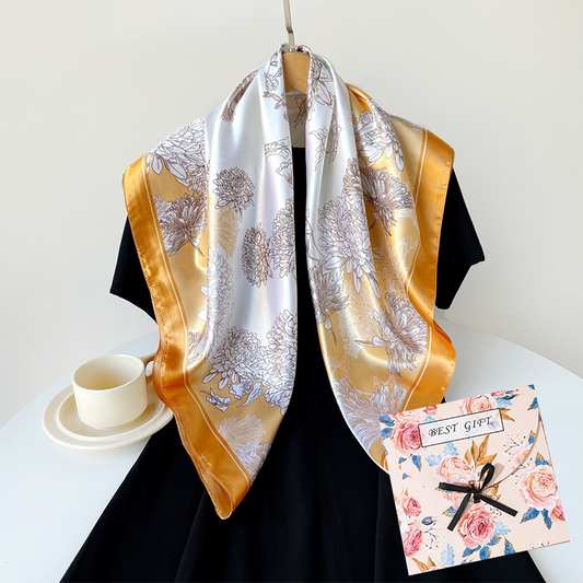 Yellow Gift Box Set Elegant 90x90cm Women's Square Scarf - Vintage Floral Print Satin Headscarf - Lightweight Polyester Silk Feel Shawl Wrap for Hair Neck Bag Accessory