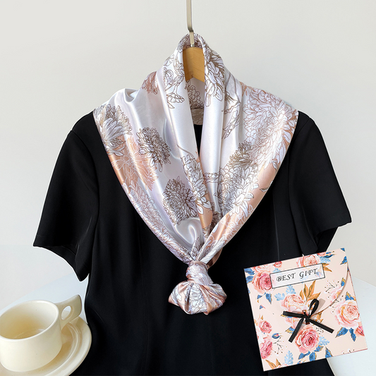 Light coffee Gift Box Set Elegant 90x90cm Women's Square Scarf - Vintage Floral Print Satin Headscarf - Lightweight Polyester Silk Feel Shawl Wrap for Hair Neck Bag Accessory