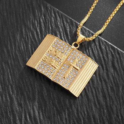 Aureate Vintage Holy Bible Book Pendant Necklace -  Plated Alloy Cross Scripture Book Pendant with Crystal Rhinestones-Gift for Men and Women