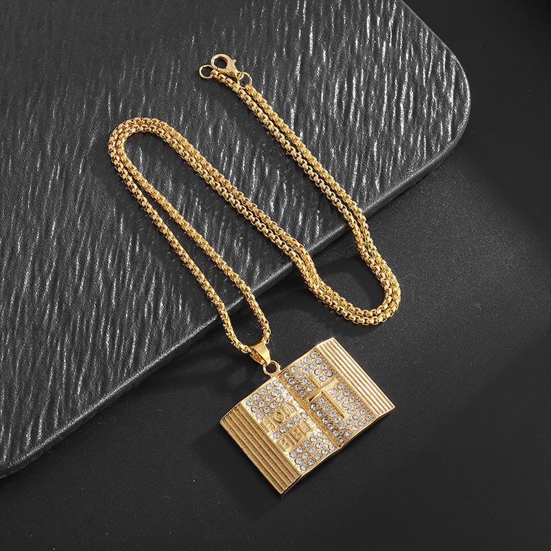 Aureate Vintage Holy Bible Book Pendant Necklace -  Plated Alloy Cross Scripture Book Pendant with Crystal Rhinestones-Gift for Men and Women