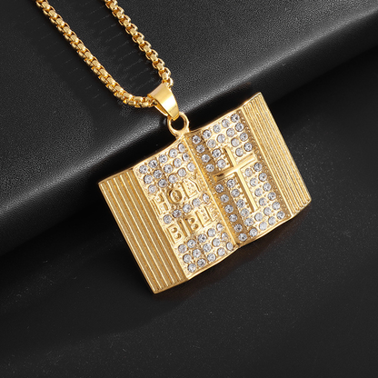 Aureate Vintage Holy Bible Book Pendant Necklace -  Plated Alloy Cross Scripture Book Pendant with Crystal Rhinestones-Gift for Men and Women