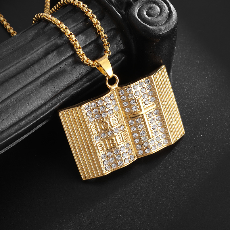 Aureate Vintage Holy Bible Book Pendant Necklace -  Plated Alloy Cross Scripture Book Pendant with Crystal Rhinestones-Gift for Men and Women