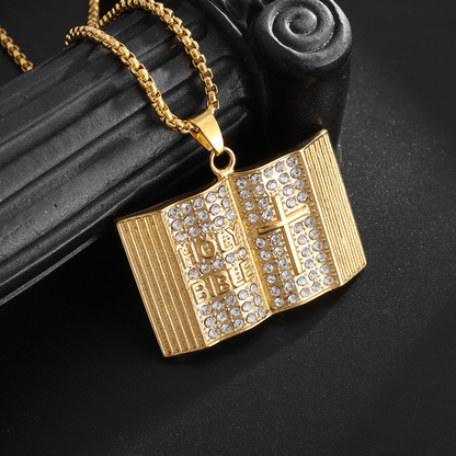 Aureate Vintage Holy Bible Book Pendant Necklace -  Plated Alloy Cross Scripture Book Pendant with Crystal Rhinestones-Gift for Men and Women