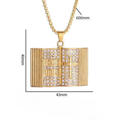Aureate Vintage Holy Bible Book Pendant Necklace -  Plated Alloy Cross Scripture Book Pendant with Crystal Rhinestones-Gift for Men and Women