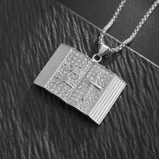 Steel-colored Vintage Holy Bible Book Pendant Necklace -  Plated Alloy Cross Scripture Book Pendant with Crystal Rhinestones-Gift for Men and Women