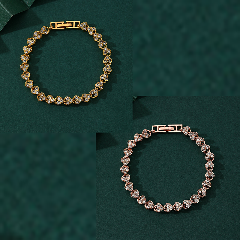 2-piece Aureate and  Rose Gold Luxury Crystal Heart Tennis Bracelet - European Roman Style Pave CZ Diamond Link Chain - Elegant Gold Silver Rose Gold Plated Fashion Jewelry for Women