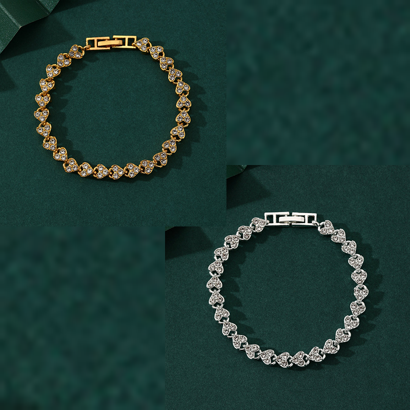 2-piece Aureate and  Silvery Luxury Crystal Heart Tennis Bracelet - European Roman Style Pave CZ Diamond Link Chain - Elegant Gold Silver Rose Gold Plated Fashion Jewelry for Women
