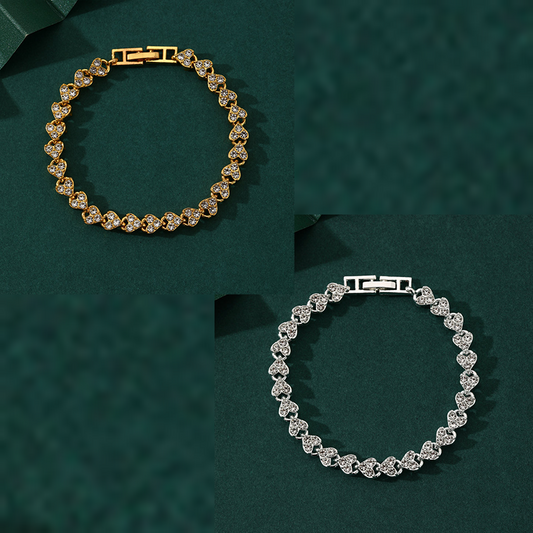 2-piece Aureate and  Silvery Luxury Crystal Heart Tennis Bracelet - European Roman Style Pave CZ Diamond Link Chain - Elegant Gold Silver Rose Gold Plated Fashion Jewelry for Women
