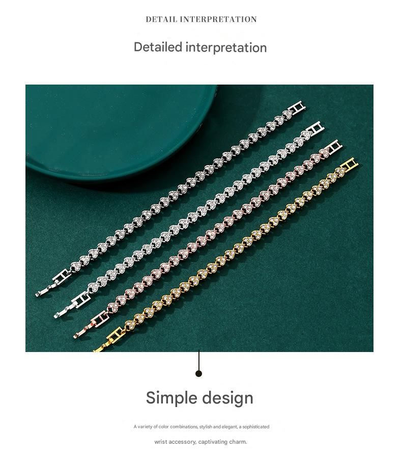 2-piece Aureate and  Silvery Luxury Crystal Heart Tennis Bracelet - European Roman Style Pave CZ Diamond Link Chain - Elegant Gold Silver Rose Gold Plated Fashion Jewelry for Women