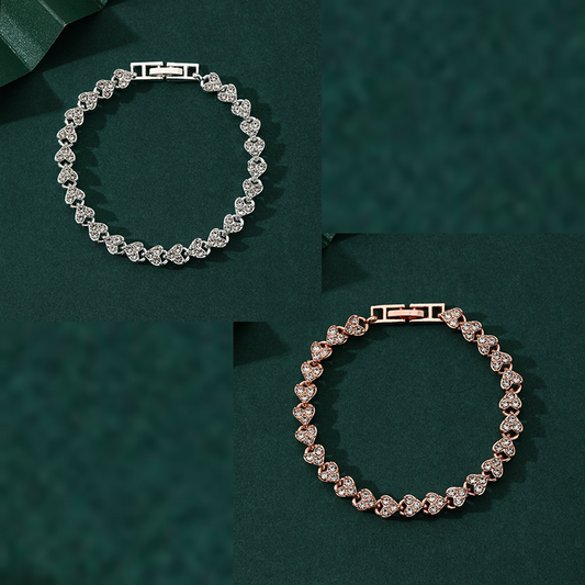2-piece Silvery and  Rose Gold Luxury Crystal Heart Tennis Bracelet - European Roman Style Pave CZ Diamond Link Chain - Elegant Gold Silver Rose Gold Plated Fashion Jewelry for Women