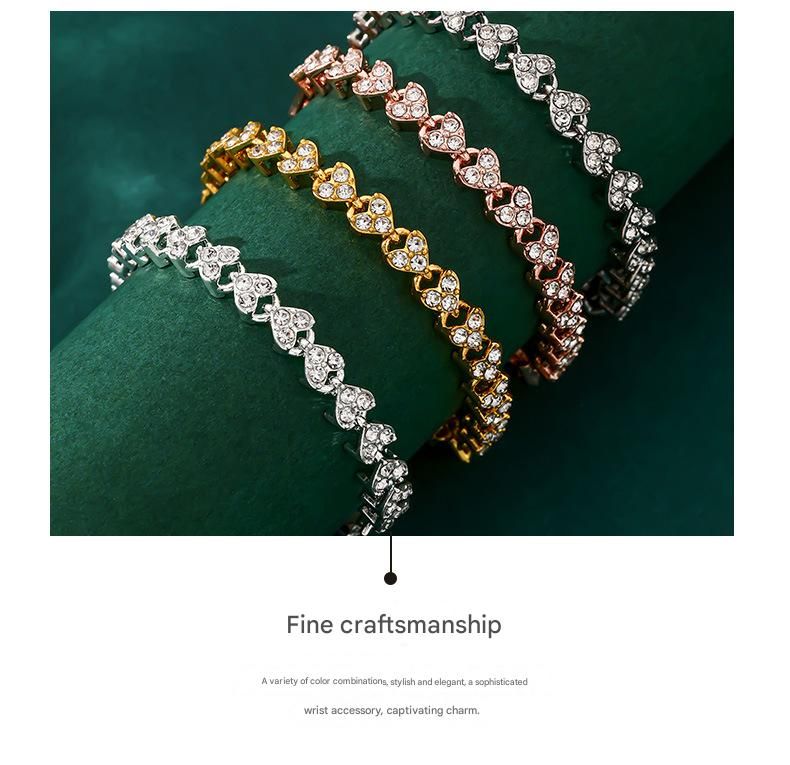 2-piece Silvery and  Rose Gold Luxury Crystal Heart Tennis Bracelet - European Roman Style Pave CZ Diamond Link Chain - Elegant Gold Silver Rose Gold Plated Fashion Jewelry for Women