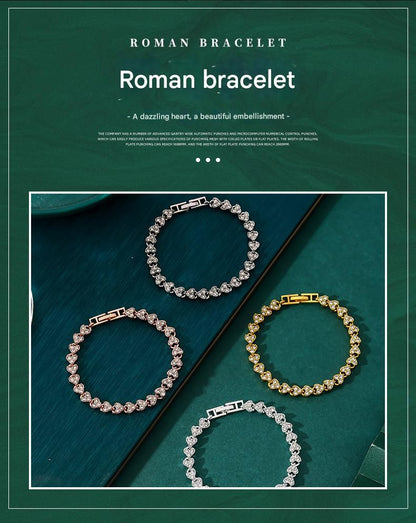4-piece Aureate and  Silvery and Rose Gold and Dark silver Luxury Crystal Heart Tennis Bracelet - European Roman Style Pave CZ Diamond Link Chain - Elegant Gold Silver Rose Gold Plated Fashion Jewelry for Women