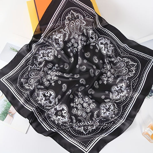 Black and white Women's 70cm Square Scarf - Bohemian Paisley & Vintage Print Collection - Lightweight Satin Feel, Versatile Neck Tie, Head Wrap, Bag Accent, Everyday Elegance, Gift Ready