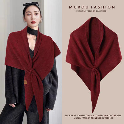 Red Women's Wool Blend Triangle Shawl - 70x180cm Knitted Winter Wrap - Warm Thick Solid Colour Poncho Scarf, Versatile Neck and Shoulder Cover, Everyday Elegance, Gift Ready