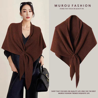 Coffee Women's Wool Blend Triangle Shawl - 70x180cm Knitted Winter Wrap - Warm Thick Solid Colour Poncho Scarf, Versatile Neck and Shoulder Cover, Everyday Elegance, Gift Ready