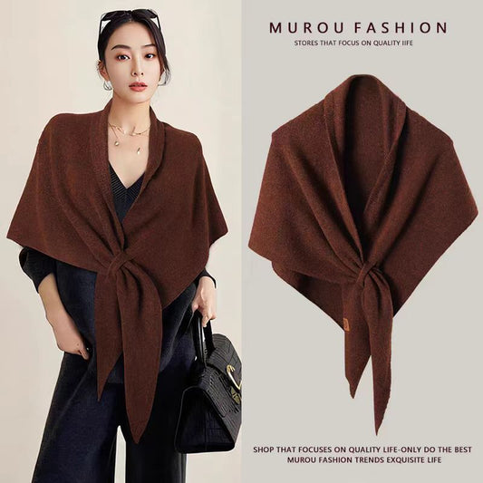 Coffee Women's Wool Blend Triangle Shawl - 70x180cm Knitted Winter Wrap - Warm Thick Solid Colour Poncho Scarf, Versatile Neck and Shoulder Cover, Everyday Elegance, Gift Ready