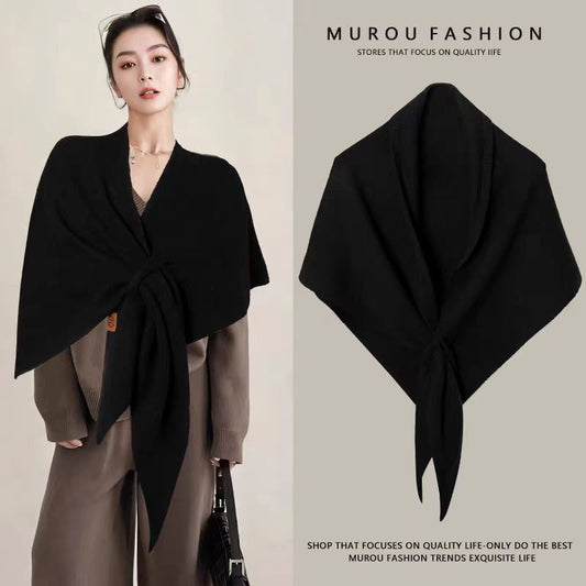 Black Women's Wool Blend Triangle Shawl - 70x180cm Knitted Winter Wrap - Warm Thick Solid Colour Poncho Scarf, Versatile Neck and Shoulder Cover, Everyday Elegance, Gift Ready