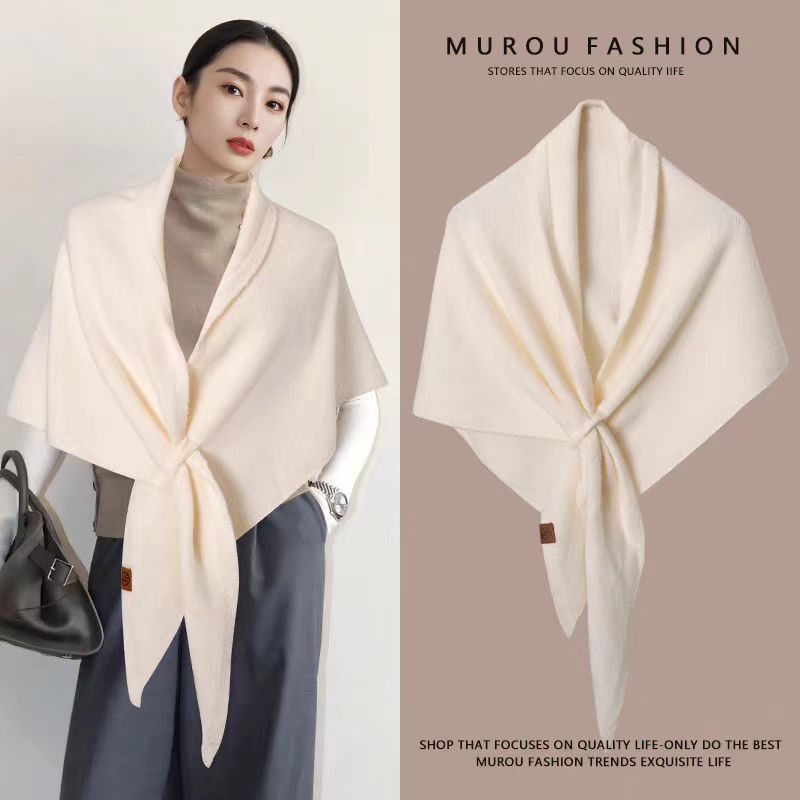 Off white Women's Wool Blend Triangle Shawl - 70x180cm Knitted Winter Wrap - Warm Thick Solid Colour Poncho Scarf, Versatile Neck and Shoulder Cover, Everyday Elegance, Gift Ready
