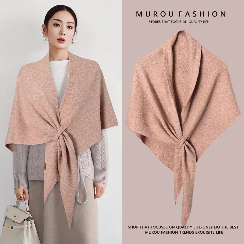 Pink Women's Wool Blend Triangle Shawl - 70x180cm Knitted Winter Wrap - Warm Thick Solid Colour Poncho Scarf, Versatile Neck and Shoulder Cover, Everyday Elegance, Gift Ready