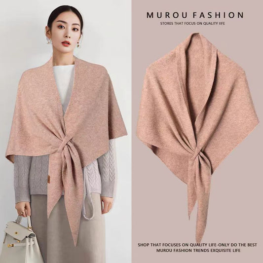 Pink Women's Wool Blend Triangle Shawl - 70x180cm Knitted Winter Wrap - Warm Thick Solid Colour Poncho Scarf, Versatile Neck and Shoulder Cover, Everyday Elegance, Gift Ready