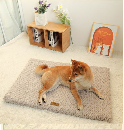 Grey S size Pet Dog Bed Mat - Plush Short Fur Cover with Wave Foam Padding - Washable Removable Cover, Non-Slip Base, Warm Winter Cushion for Dogs and Cats, Multiple Sizes