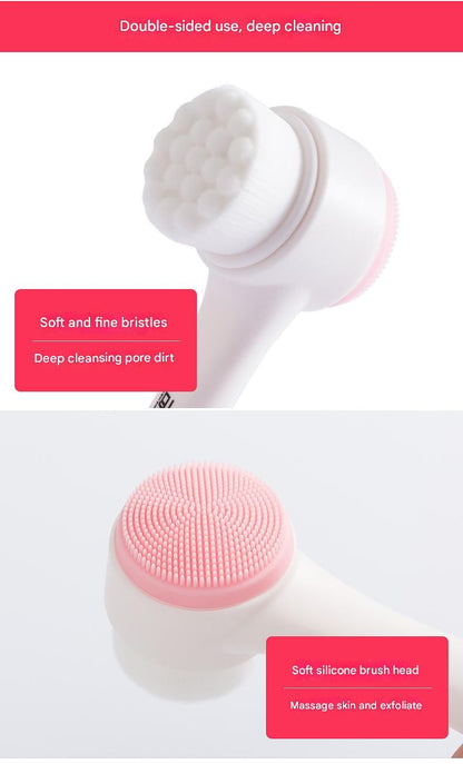 Pink 3D Dual-Sided Facial Cleansing Brush - Silicone and Soft Bristle - Manual Face Scrubber for Deep Pore Cleaning, Exfoliation, and Makeup Removal, Gentle Skin Care Tool for Daily Use