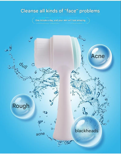 Blue 3D Dual-Sided Facial Cleansing Brush - Silicone and Soft Bristle - Manual Face Scrubber for Deep Pore Cleaning, Exfoliation, and Makeup Removal, Gentle Skin Care Tool for Daily Use