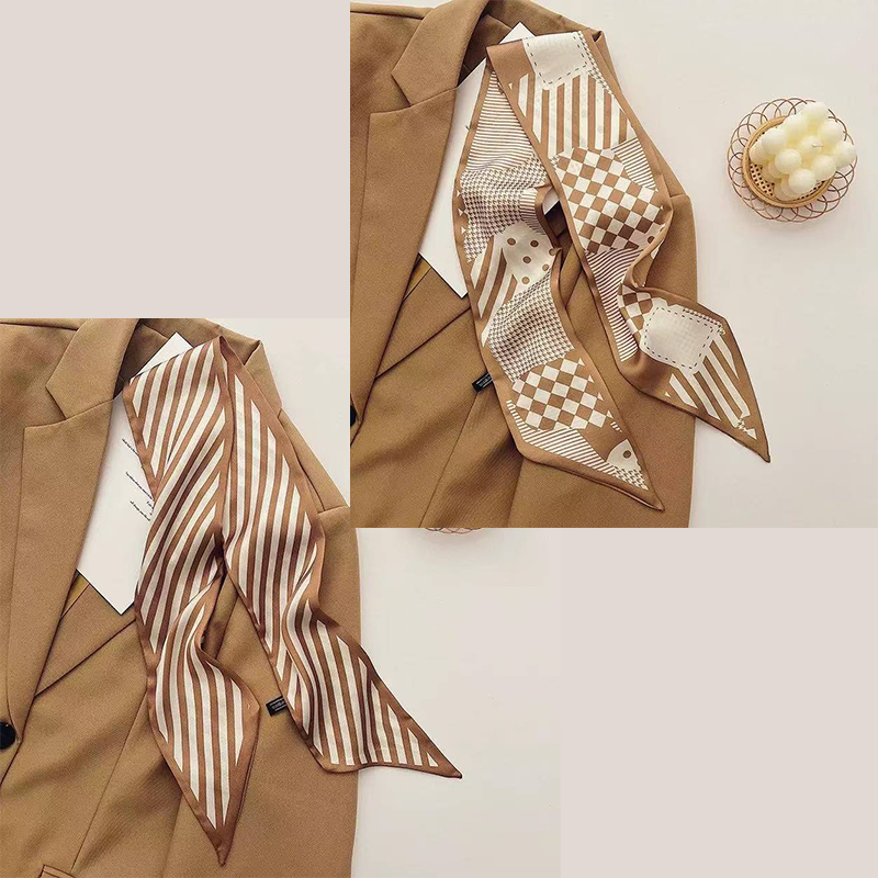 2-piece Coffee Geometric and Stripes French Style Long Silk Scarf - Coffee  Print - Versatile Skinny Neck Ribbon, Hair Tie, Bag Handle Accessory, Elegant Office Wear, Lightweight Polyester