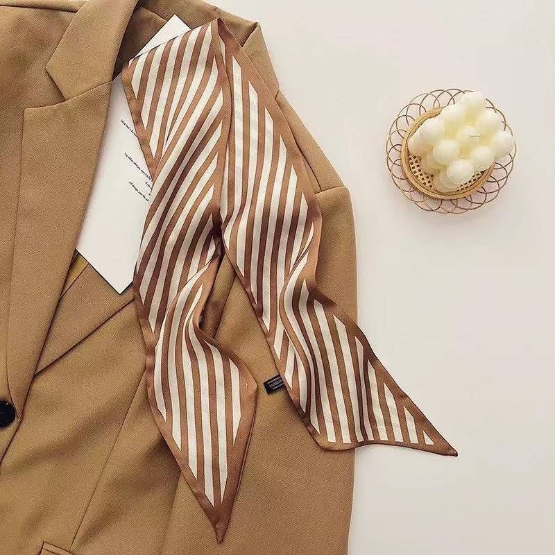 2-piece Coffee Geometric and Stripes French Style Long Silk Scarf - Coffee  Print - Versatile Skinny Neck Ribbon, Hair Tie, Bag Handle Accessory, Elegant Office Wear, Lightweight Polyester