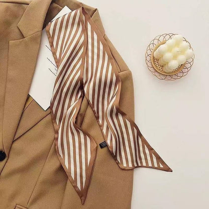 2-piece Coffee Geometric and Stripes French Style Long Silk Scarf - Coffee  Print - Versatile Skinny Neck Ribbon, Hair Tie, Bag Handle Accessory, Elegant Office Wear, Lightweight Polyester