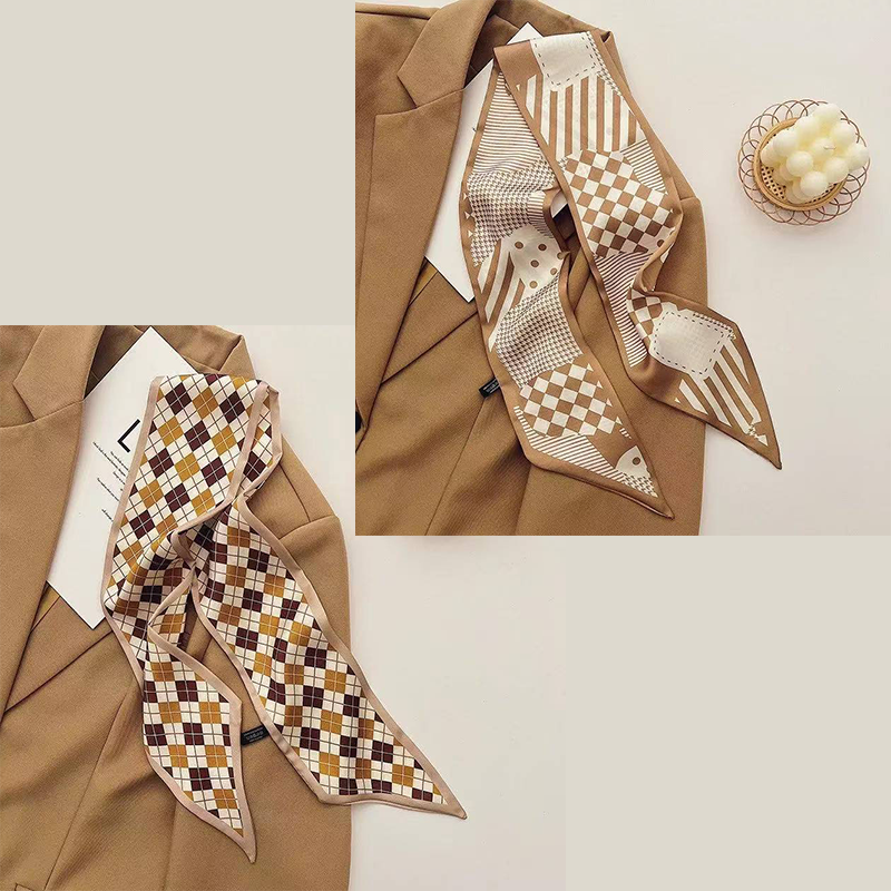 2-piece Coffee Geometric and Diamond Grid French Style Long Silk Scarf - Coffee  Print - Versatile Skinny Neck Ribbon, Hair Tie, Bag Handle Accessory, Elegant Office Wear, Lightweight Polyester