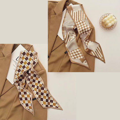 2-piece Coffee Geometric and Diamond Grid French Style Long Silk Scarf - Coffee  Print - Versatile Skinny Neck Ribbon, Hair Tie, Bag Handle Accessory, Elegant Office Wear, Lightweight Polyester