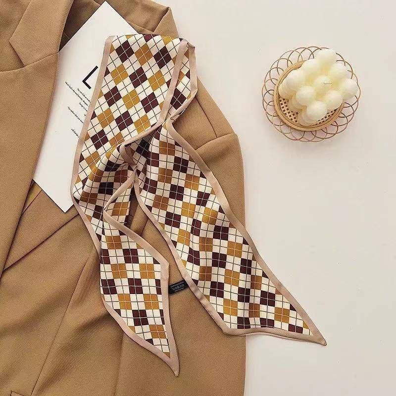 2-piece Coffee Geometric and Diamond Grid French Style Long Silk Scarf - Coffee  Print - Versatile Skinny Neck Ribbon, Hair Tie, Bag Handle Accessory, Elegant Office Wear, Lightweight Polyester