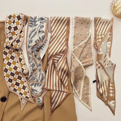 2-piece Coffee Geometric and Diamond Grid French Style Long Silk Scarf - Coffee  Print - Versatile Skinny Neck Ribbon, Hair Tie, Bag Handle Accessory, Elegant Office Wear, Lightweight Polyester