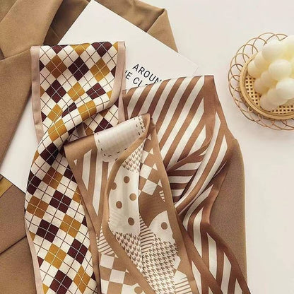 2-piece Coffee Geometric and Diamond Grid French Style Long Silk Scarf - Coffee  Print - Versatile Skinny Neck Ribbon, Hair Tie, Bag Handle Accessory, Elegant Office Wear, Lightweight Polyester