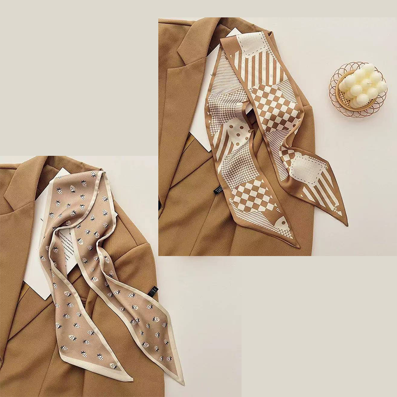 2-piece Coffee Geometry and Strawberry French Style Long Silk Scarf - Coffee  Print - Versatile Skinny Neck Ribbon, Hair Tie, Bag Handle Accessory, Elegant Office Wear, Lightweight Polyester
